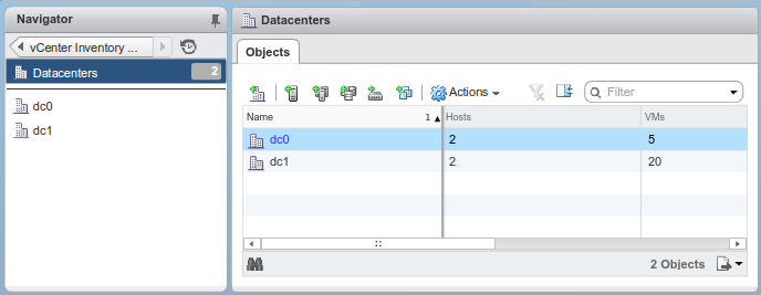 vSphere web client showing data centres